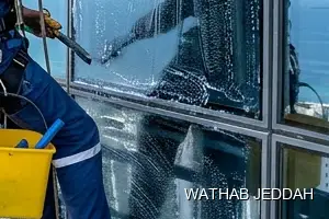 Wathab Jeddah team performing Glass Facade Cleaning in Al Harazat, Jeddah