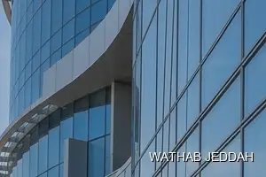 Wathab Jeddah team performing Glass Facade Cleaning in Al Hindawiyah, Jeddah
