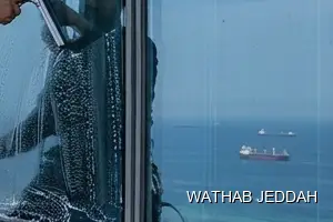 Wathab Jeddah team performing Glass Facade Cleaning in Al Kawthar, Jeddah
