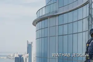 Wathab Jeddah team performing Glass Facade Cleaning in Al Naeem, Jeddah