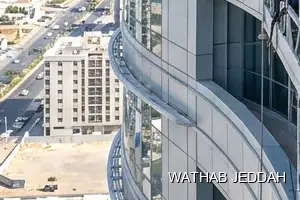 Wathab Jeddah team performing Glass Facade Cleaning in Al Nuzha, Jeddah